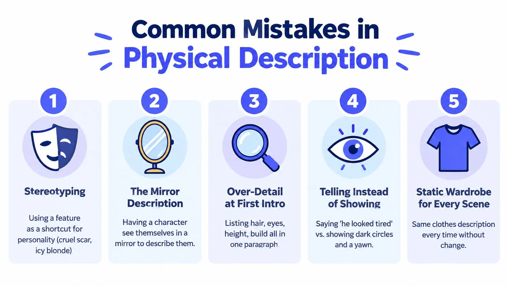 An infographic titled Common Mistakes in Physical Description listing five writing pitfalls with icons and explanations.