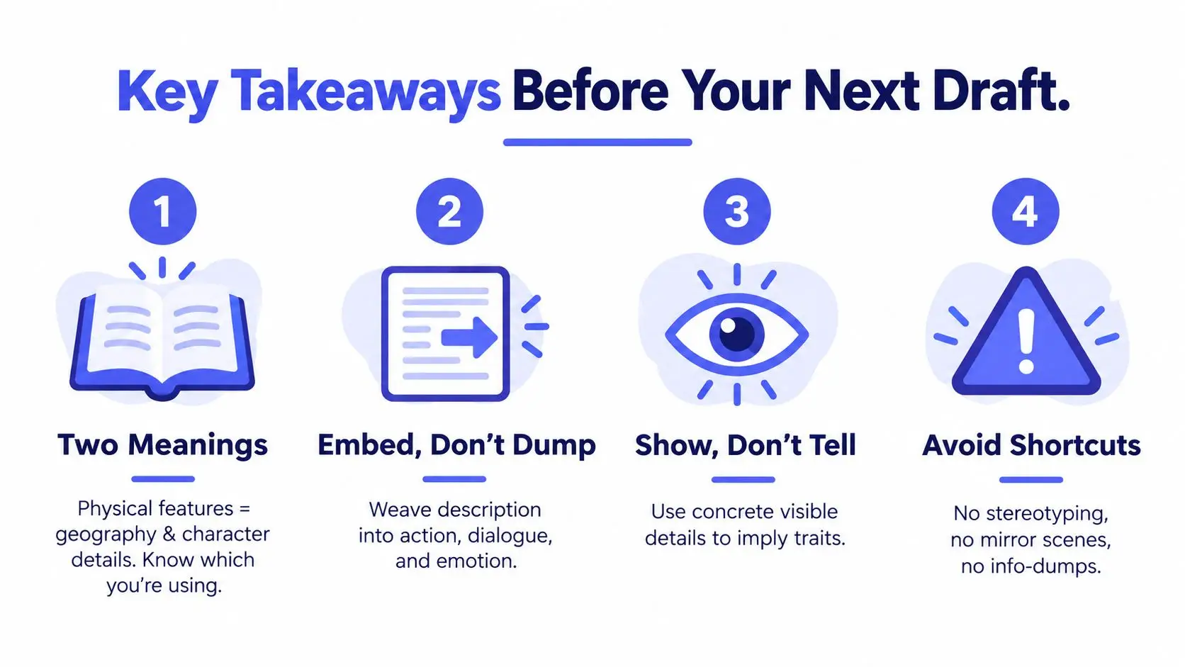 An infographic titled Key Takeaways Before Your Next Draft, highlighting four tips for better creative writing.