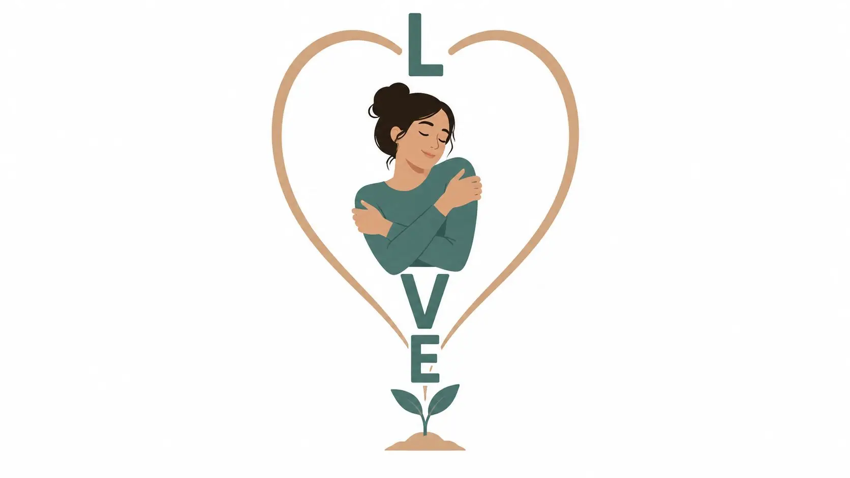 A minimalist illustration of a woman hugging herself inside a heart shape with the word love written vertically.