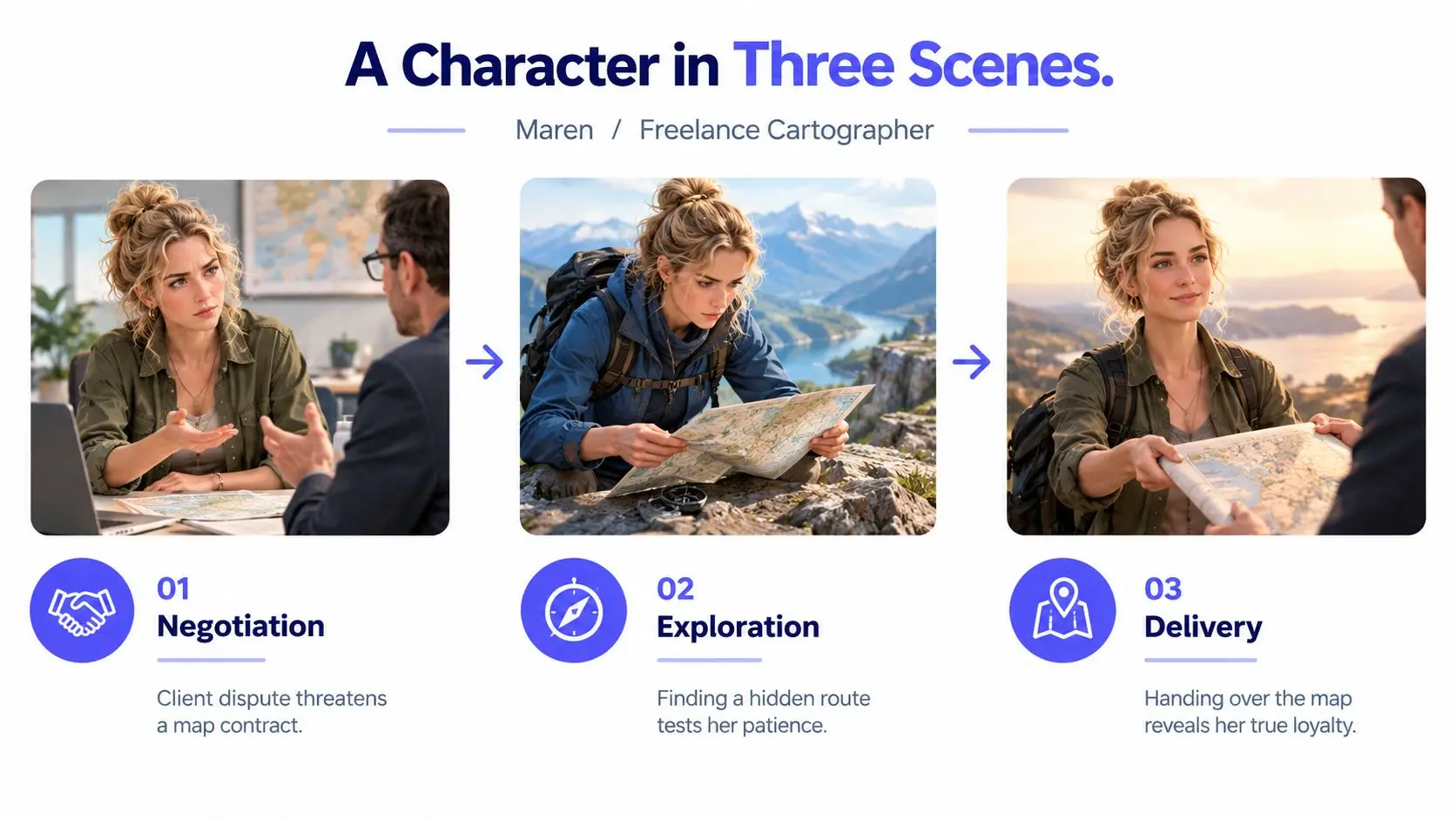 A visual storyboard showing a freelance cartographer named Maren in three stages: negotiation, exploration, and delivery.