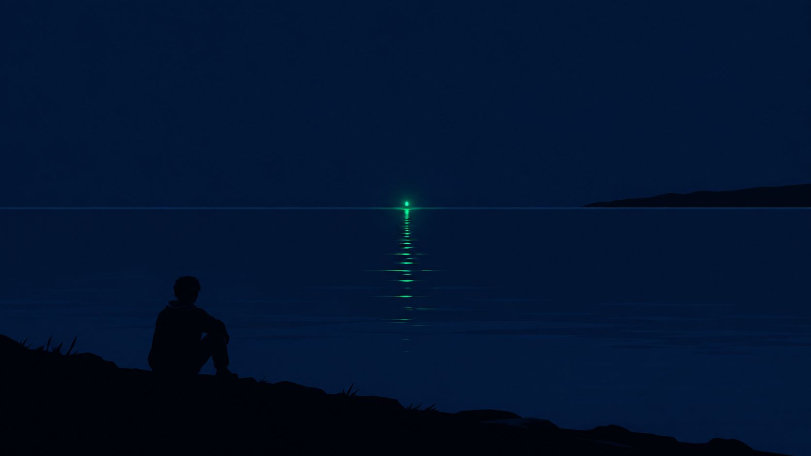 A silhouette of a lone person sitting on a dark shore gazing at a distant glowing green light.