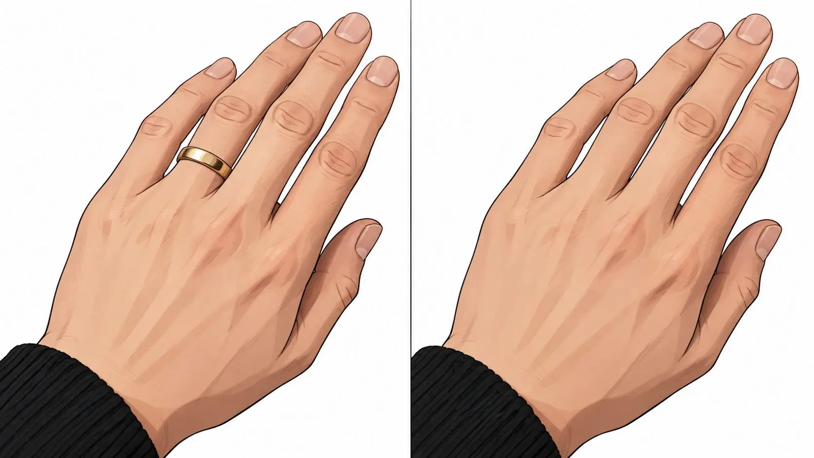 A side-by-side illustration comparing a hand wearing a wedding ring to one without a ring.