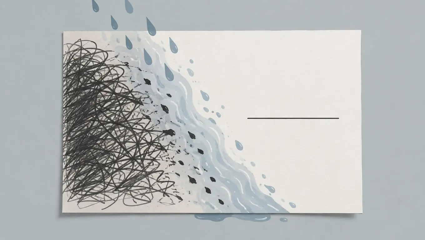 An artistic drawing shows a chaotic black scribble being washed away by a light blue rain stream.