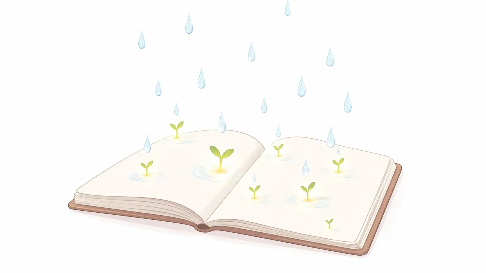 An open book on a white background with small green seedlings sprouting from its pages under rain.