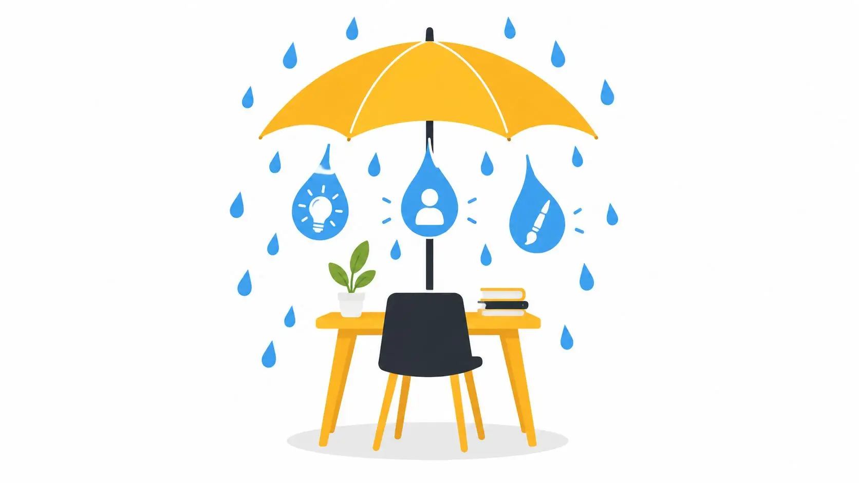 An illustration of a workspace protected by a yellow umbrella from falling blue raindrops of ideas.