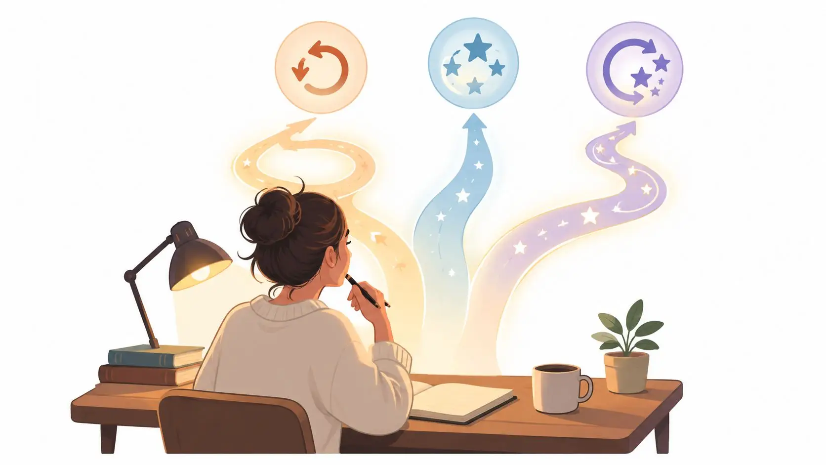 An illustration of a student sitting at a desk contemplating different future and past career paths.