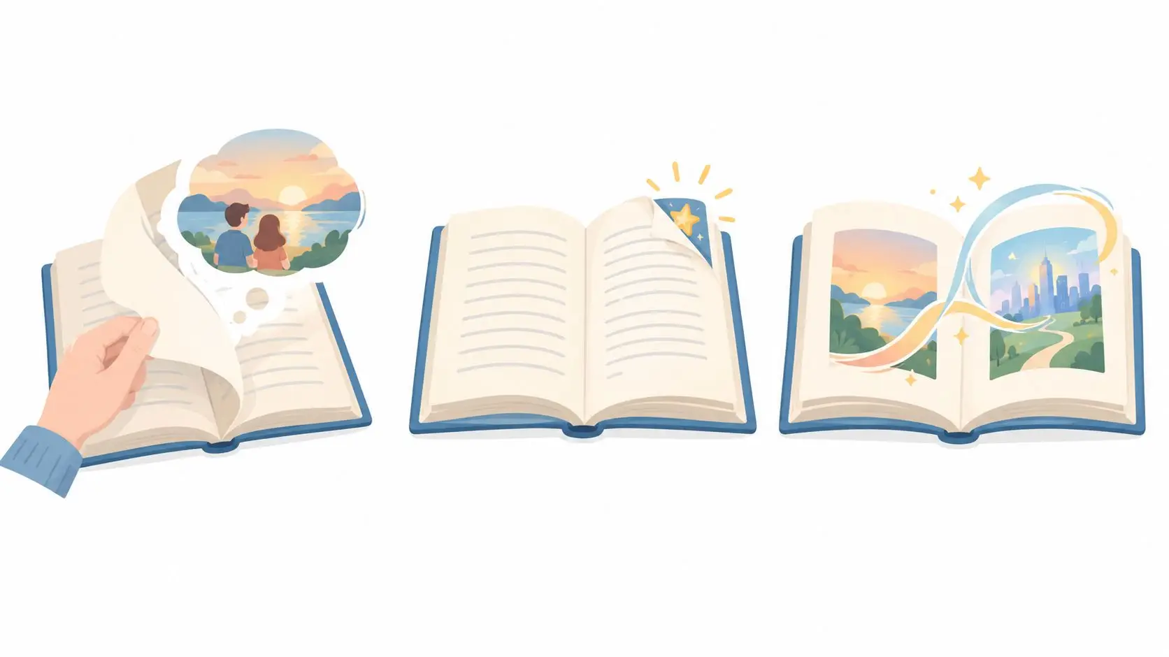 A hand turning book pages depicting a couple, a star, and transitions between sunset and city scenes.