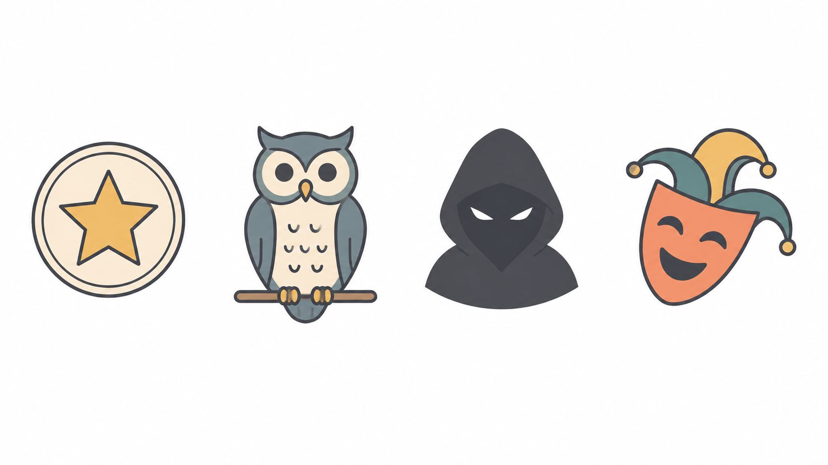 A set of four colorful icons featuring a star emblem, an owl, a hooded figure, and a jester.