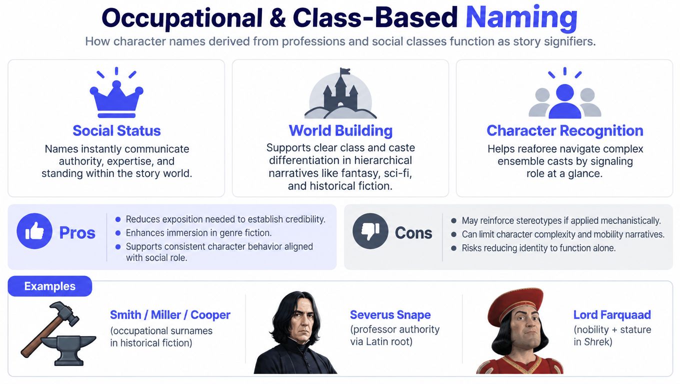 An infographic explaining how occupational and class-based names function as narrative devices and story signifiers for characters.