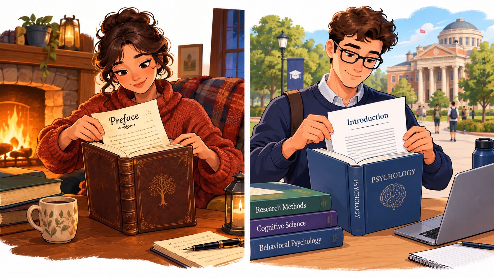 A split-screen illustration showing a person reading a book preface indoors and a student studying an introduction outdoors.