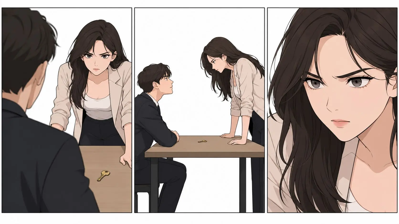 A woman leans over a desk to confront a man, looking intense as a key lies between them.