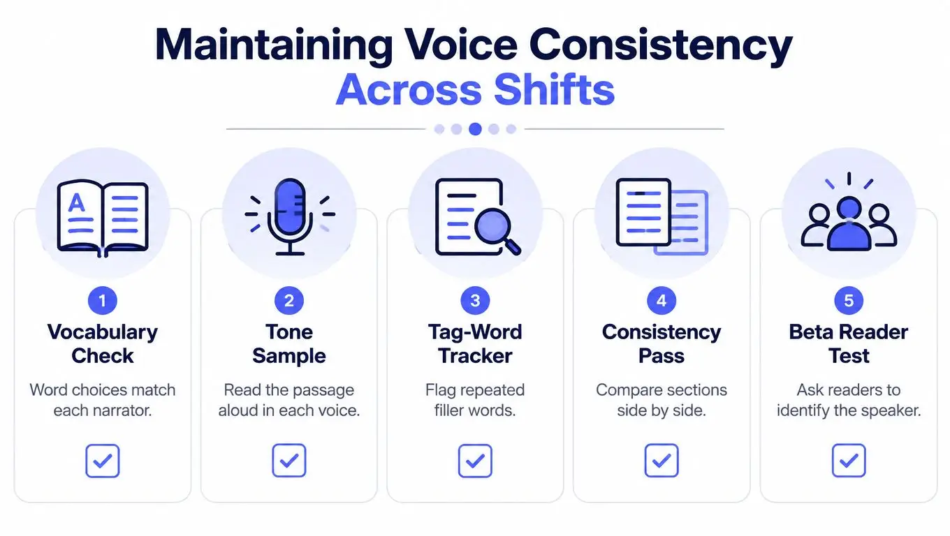 An infographic titled Maintaining Voice Consistency Across Shifts with five numbered steps for writers.